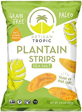 ARTISAN TROPIC Plantain Strips - Vegan, Paleo, Gluten Free Chips – Whole 30 Approved Foods Non-GMO Healthy Snack for Lunches, Dipping, Parties - Baked Banana Chips – Sea Salt (4.5 Oz - 2 Pack)