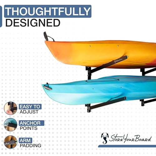 Image of StoreYourBoard G-Kayak Wall Rack - Heavy-Duty Indoor Kayak Rack for 2 Boats, Adjustable Storage Wall Mount Hanger, Space-Saving Indoor Storage for Kayak Wall Mount - Holds 200 lbs - Silver