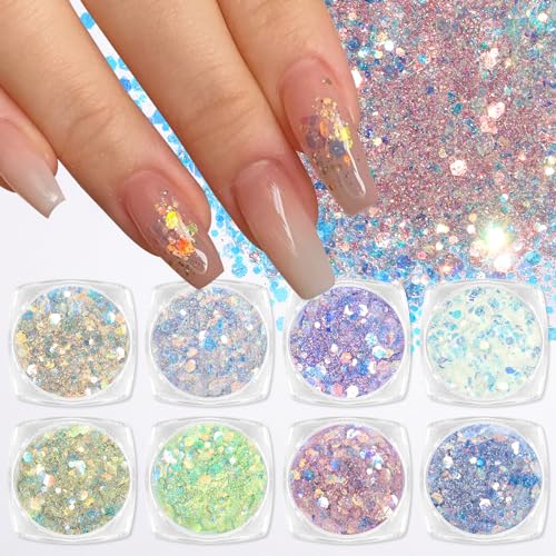 Laza 8 Colors Nail Art Glitter Diamond Dust Iridescent Nail Powder Chunky Glitter Confetti Foil Flakes Sequins for Nail Art Supplies Gel Polish Mermaid Makeup Body Resin Glittering Iridescence