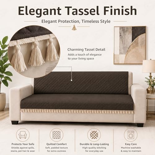 Image of Lukzer Quilted Sofa Cover Mat with Tassels for 1 Seater Sofa - Chocolate Brown | Soft Washable Anti-Slip Protector for Living Room | Furniture Cover for Back-Seat Slipcover 60X150CM / SC-192-1T
