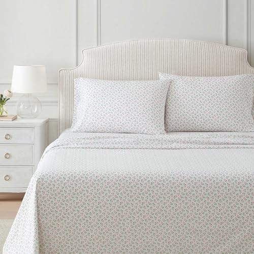 Image of Martha Stewart - Twin Size Sheet Set, Crisp & Tailored Bedding with a Smooth Cotton Percale Feel, Deep Pocket, Bed Sheets with Matching Pillowcase & Fitted Sheet (Kennedy Floral Pink)