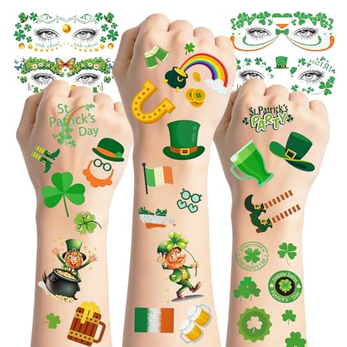 St. Patricks Day Party Tattoos - 130 Pcs Glitter Shamrock Temporary Tattoos for Face & Body 14 Sheets Irish Festival Favors & St. Patricks Day Accessories
