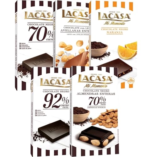 Lacasa pack 5 tabletas de chocolate:leche avellanas, naranja chocolate negro,negro 100g,cacao 92%, almendra 200g