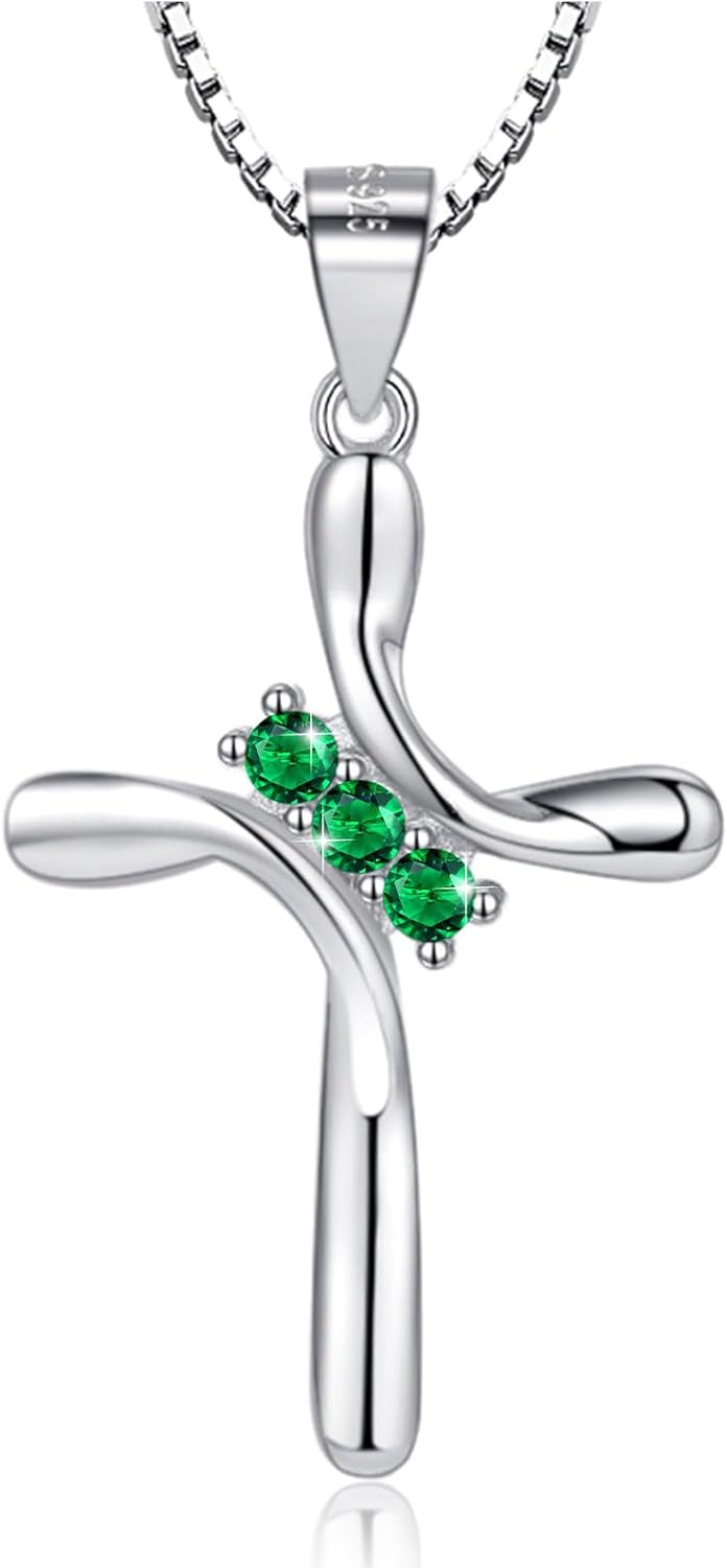 925 Sterling Silver Cross Necklaces for Women 12 Color Birthstone Necklace,Adjustable Cross Pendant With Cubic Zirconia,Ideal Hypoallergenic Jewelry Gift
