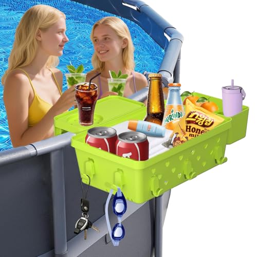 GAMPLAE Poolside Storage Basket Above Ground Pool Accessories Pool Storage Basket with Cup Holder Poolside Storage to Organize Dink Cup Towel Phone Sunglasses and More (1-Pack Green)