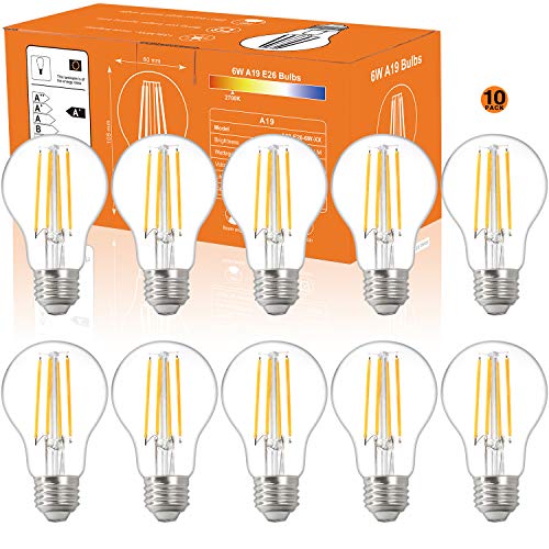 10Pack A19 LED Edison Bulbs, 810LM,6W Equivalent 100W High Brightness,Warm White 2700K,A19 Efficient