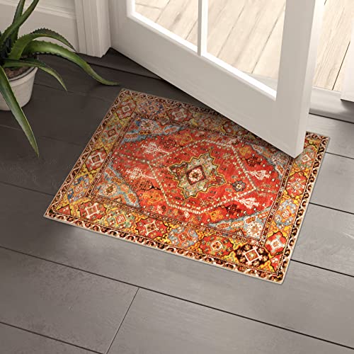 Leevan Oriental Floral Throw Rugs Doormats 2X3 Orange Persian Distressed Indoor Machine Washable Small Accent Rug Non-Slip Traditional Vintage Entryway Floor Carpets For Living Room Bedroom Bathroom #TOP2