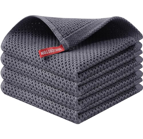 Image of Kitchen Cotton Lint Free Waffle Weave Hand Towels, Quick Drying Dish Cloths, Highly Absorbent Dish Rags Tea Towels Set with Hanging Loop, 13.4 inchx 13.4 inch, Dark Grey, Pack of 4