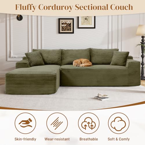 Image of 95 inch L Shaped Boneless Sectional Couches, Wide Armrest, Deep Seat, Memory Foam, Assembly Free, Modern Comfy Corduroy Fluffy Cloud Sofa with Left Chaise for Living Room, Small Spaces, Green