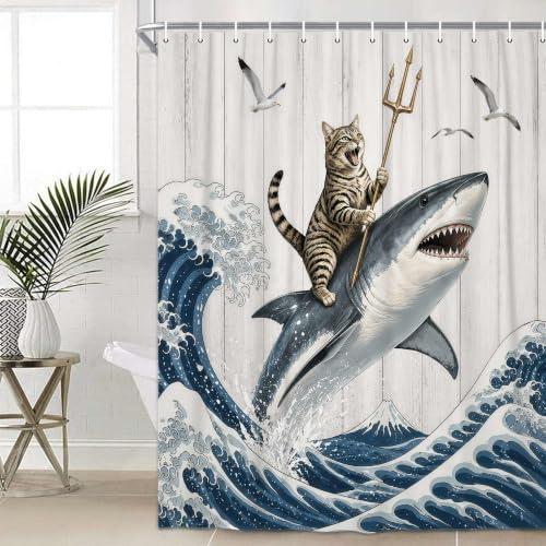 Image of Boziqr Funny Cat Shower Curtain, Cool Cat Shark Ocean Wave Bathroom Decor