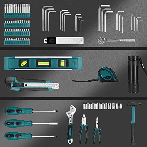 ALEAPOW Werkzeugkoffer, 102-tlg Haushalts Werkzeugset, mit Schraubenschlüssel, Hammer, Zange, Schraubendreher und Gängigen Werkzeugen, Ideal für Werkstatt und Haushalt, MTH100 Blau - 8