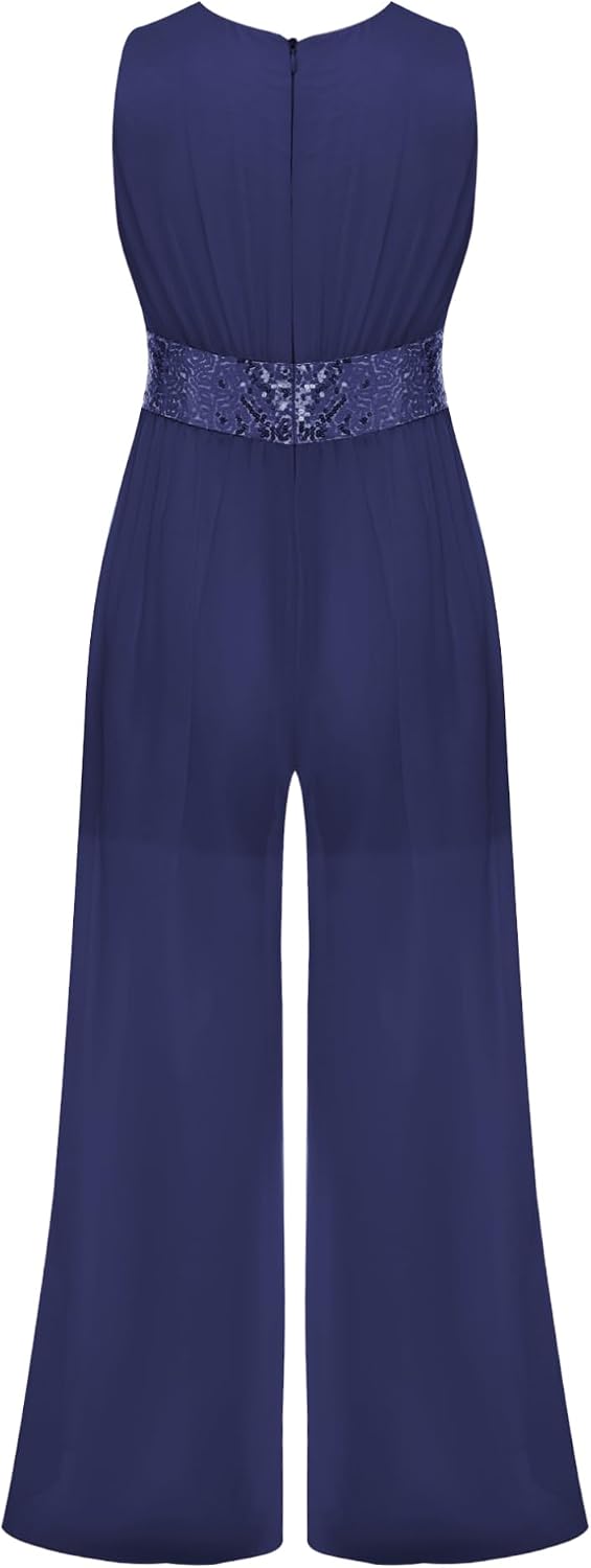 Hularka Girl's Elegant Chiffon Romper Sequin V Neck Split Wide Leg Jumpsuit Kids Formal Dance Pantsuit