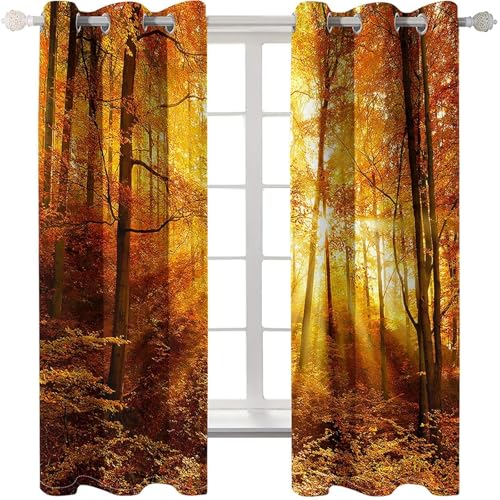 Homxi Cortina Opaca de Habitación 2 Piezas,2 x 137W x 244H CM,Cortinas Ventana con Ojales Paisaje de Árboles y Sol Cortina Comedor Naranja