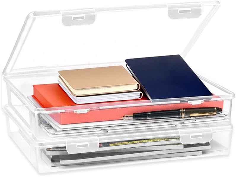 Storage Box with Lid, Flat Document Box, A4, Stackable, Stackable, Transparent Pen Box, Plastic Box, Pen Organiser, Storage Boxes for Documents, Magazines