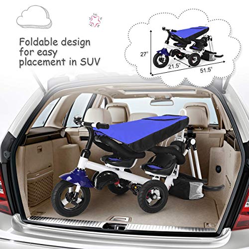 Baby Joy Tricycle, 4 in 1 Twin Stroller for Toddlers with Removable Canopy, Adjustable Push Handle, Double Brake, Rotatable Seat, Storage, Folding Baby Trike, Toddler Tricycle for 1-5 Years Old, Blue
