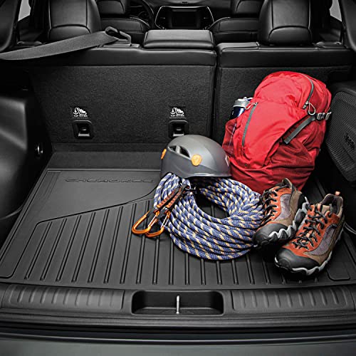 Mopar 82215677AB Molded Cargo Tray Molded Cargo Tray Covers The Entire Cargo Area Behind The Second Row Seats. Protects Vehicle Carpet from Wet, Dirt and Debris. Black with Cherokee Logo