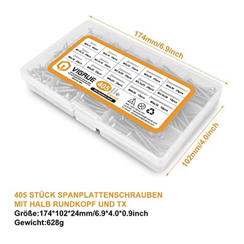 VIGRUE 405 Stück Schrauben Set Rundkopf M3 M3.5 M4, TX Holzbauschrauben aus Edelstahl A2, Blechschrauben Linsenkopf Mit… – Bild 7