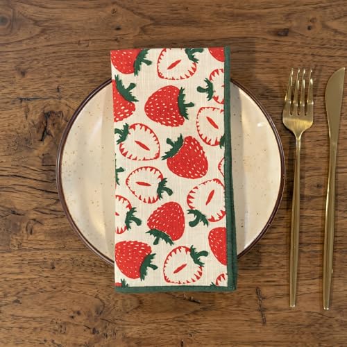 Image of R home Set of 6 - 16x16 Inch (40x40 cm) Strawberry Print Cotton Napkins | Soft Slub Cotton Dining, Cocktail & Kids Napkins | Reusable Machine Washable Cloth Napkins with Peko Borders