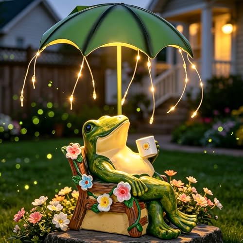 Pohabery Solar Frog Garden Statue - Outdoor Waterproof Decor with Umbrella LED Lights Funny Relaxing Frog Figurine Patio Balcony Lawn Ornament Unique Animal Sculpture Gift