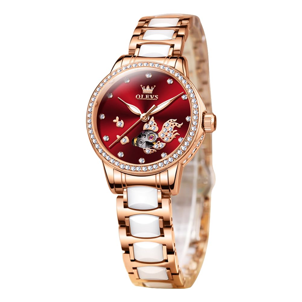 OLEVSWomen's Rose Gold Automatic Watches Skeleton Mechanical Self Winding Ladies Elegant Luxury Dress Butterfly Diamond White Ceramic Band Watch Gift