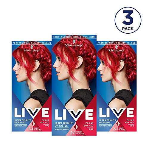 Foto von Schwarzkopf Live Ultra Bright oder Pastel Red Haarfarbe, 3 Stück, semi-permanente Farbe, hält bis zu 15 Wäschen - 092 Pilllar Box Red