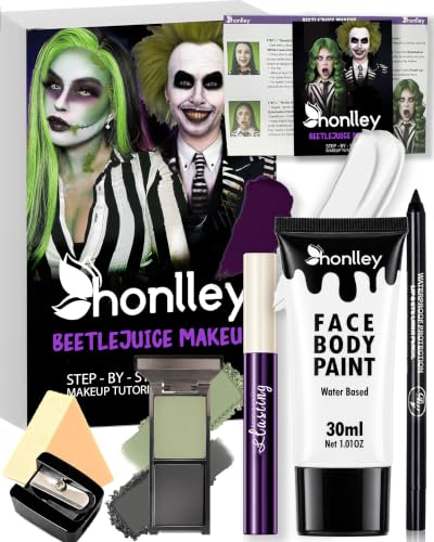 Honlley Halloween Ghost Makeup Kit Striped Specter Costume Women & Men - Water-Based White Face Body Paint, Black Green Eyeshadow, Purple Lip Stain, Eyebrow for Classic Movie Cosplay Set