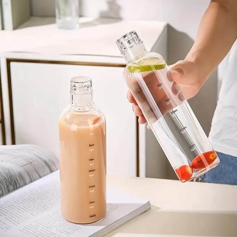 Image of Glass Water Bottle with Time Marker - 500ml Leakproof Reusable Bottle - BPA-Free Transparent Bottle with Colored Lids - Drinking Fridge Bottles Water, Milk, Lassi, Juices, Beverages (blue)