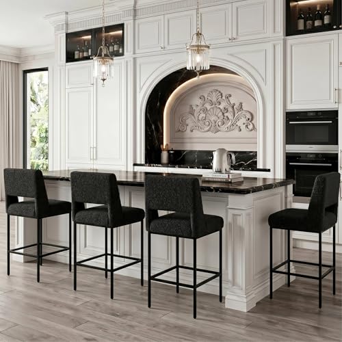 Image of Zesthouse Upholstered Counter Height Stools Set of 4, 26 inch Boucle Fabric Bar Stools with Back, Metal Barstools Heavy Duty 300 Lbs, Modern Counter Height Chairs for Kitchen Island, Black(Dark Grayish)