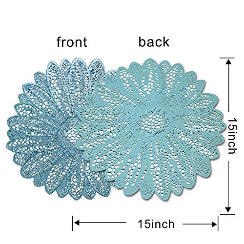 Candumy Round Blue 15 Inches Placemats Set Of 6 For Dinner Table,Vinyl Metallic Hollow Out Flower Place Mats,Non Slip Heat Resistand Pvc Tablemats #TOP1