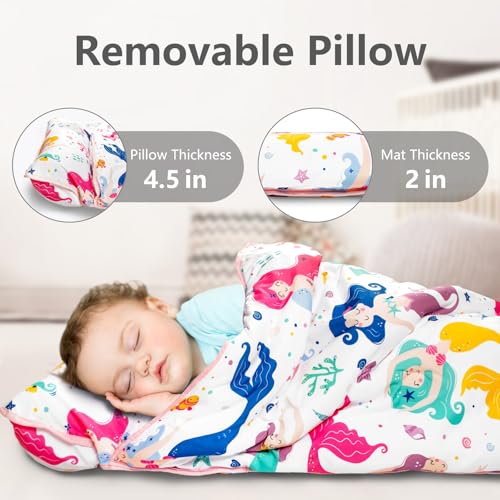 Image of Primlect Thickened Toddler Nap Mat with Removable Pillow and Minky Blanket, Extra Large 55''x35'' Sleeping Bag, Washable, Roll up, Perfect for Daycare, Preschool, Kindergarten, Boys and Girls Mermaid
