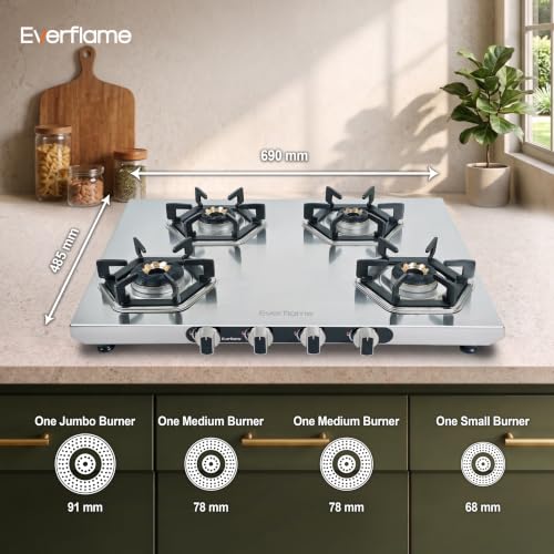 Image of Everflame Hexon 4 Burner Stainless Steel Gas Stove | 2mm Thick Jointless SS Body | 3D Forged Brass-Burner | ISI Certified | Manual Ignition | 2 Years Manufacturer Warranty