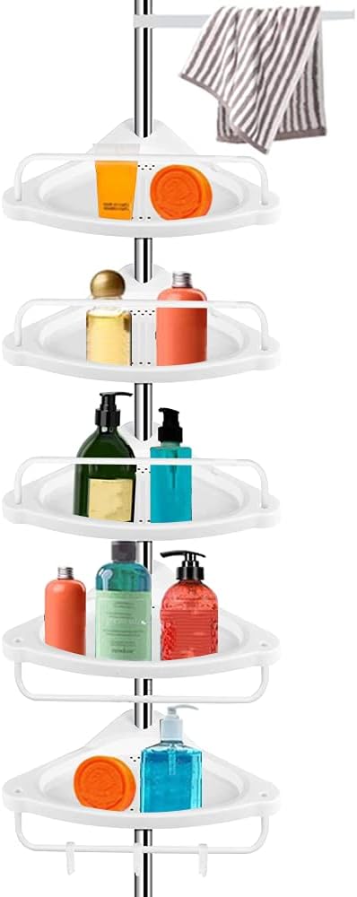 LETROGER Shower Shelf Corner Shower Caddy Tension Pole 5-Shelf, Standing Constant Tension Pole for Dorm Rust-Proof Stainless Steel Adjustable Height Storage Organizer (White)