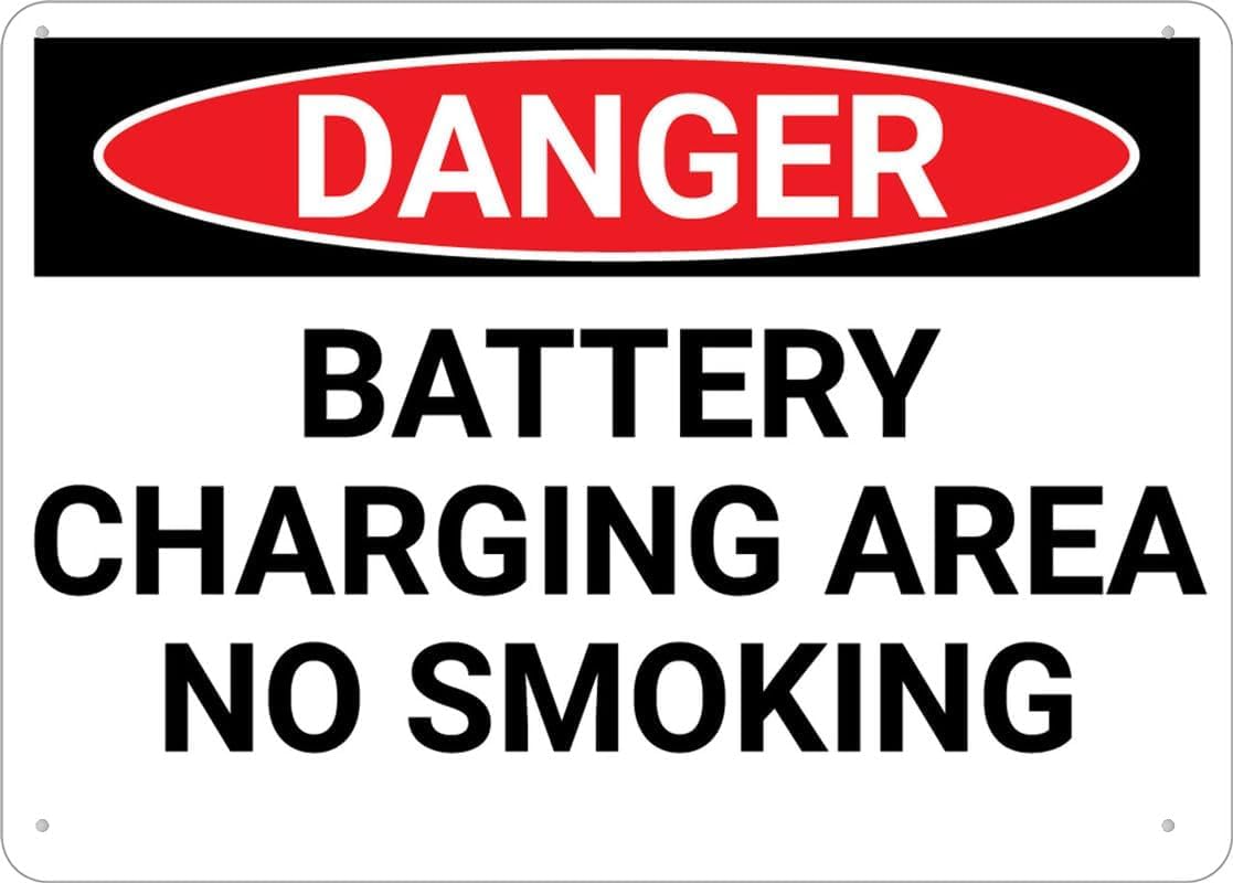 Danger Battery Charging Area No Smoking Rust Free Aluminum Sign - UV Ink Printed, Weatherproof Decor with Pre-Drilled Holes for Home - 12x16 Inch​