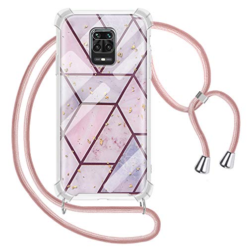 Funda con Cuerda para Xiaomi Redmi Note 9S/Note 9 Pro/Note 9 Pro Max, Carcasa Mármol Brillante Ultrafina Rígida PC con Correa Colgante Ajustable Collar Correa de Cuello Cadena Cordón, Oro Rosa