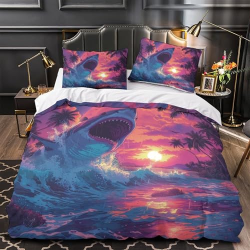 Parure de couette requin 3D avec fermeture éclair invisible et entretien facile