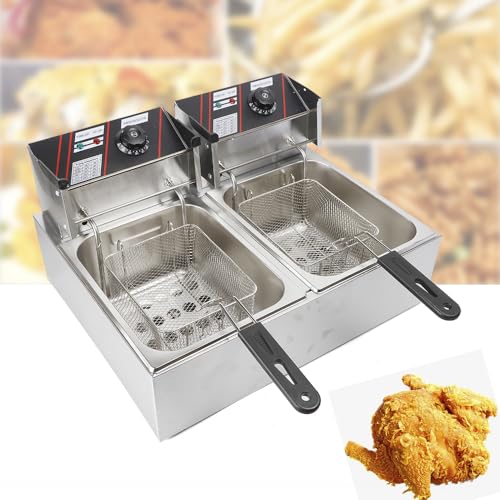 Edelstahl Doppel-Fritteuse,220V Friteuse Elektro Fritöse, 60-200°C Edelstahl Gastro Friteuse, mit 2* Edelstahl-Körbe, für Pommes oder Snacks