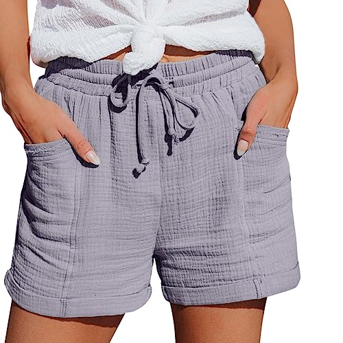 Nuoke musselin hose damen,Shorts Damen 2025 Sommer Leinen Musselin Kurze Hose Beach Mit Taschen Mode Lässige Stoffhose Freizeit Stretch Gerades Bein Kordelzug Leinenhose Grau M