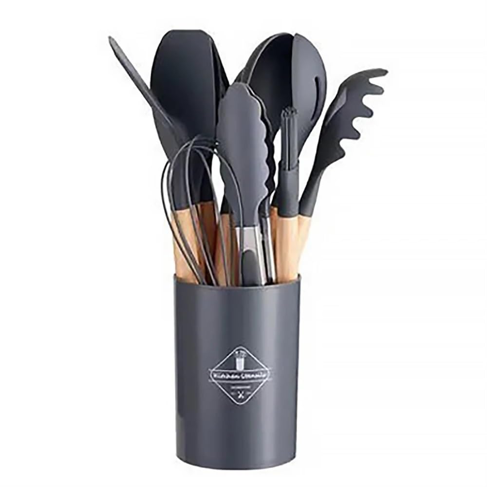 12-teiliges Silikon-Kochutensilien-Set mit Holzgriff, Küchenhelfer, Antihaft-Kochgeschirr, Spatel, Schaufel, Ei, Küchengeschirr, Schlägel (grün, 12 Stück)