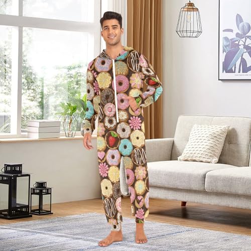 Adult Onesie Pajamas for Women Men Colorful Donuts with Various Toppings Costume Hooded Sleepwear Homewear S-XL2