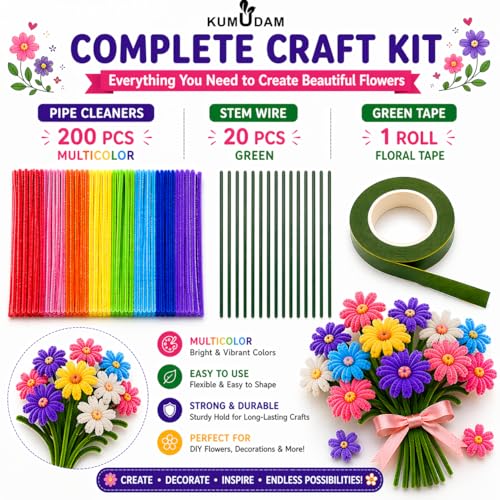 Image of Pipe Cleaners for Craft Flower Making Set, Fuzzy Chenille Stems and Fluffy Sticks with Floral Tape and Wire, for Kids Arts and Crafts (pipe cleaners-200 /stem wire-20 /green tape-1)