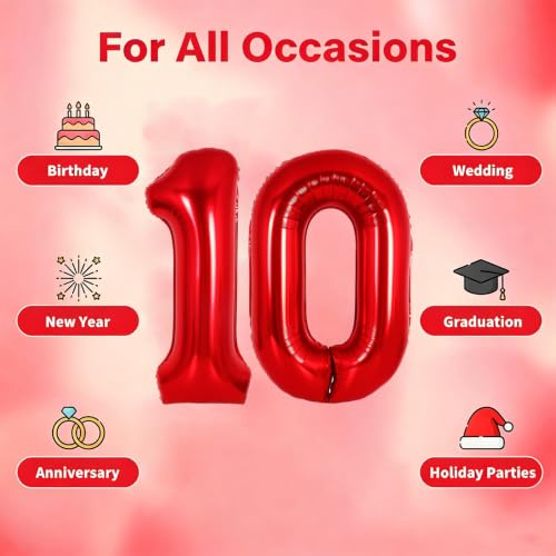 Image of Number Balloons Red Party Balloon - 40 Inch Large Number 10 Balloon, Numbers Balloon Birthday Decorations, Red Party Supplies for Anniversary