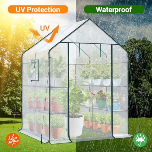 Image of Ohuhu Greenhouse for Outdoors: 3 Tiers 12 Shelves Walk-in Indoor Green House Heavy Duty Plant Stands Reinforced Plastic PE Cover Mini Portable Warm House for Outside, 4.8x2.5x6.4 FT