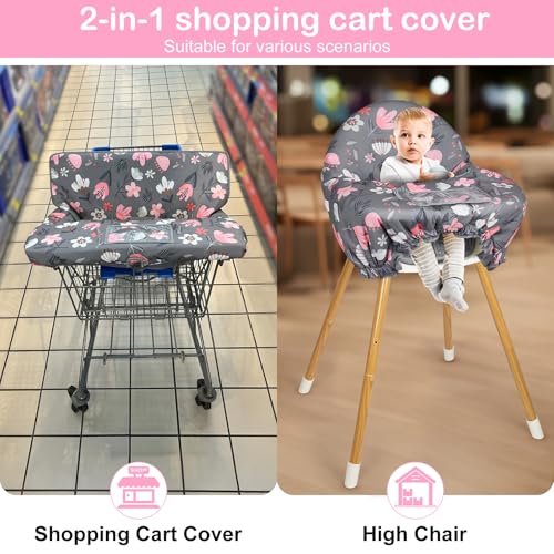 Shopping Cart Cover for Baby Girl Grocery Cart Cover for Baby 2 in 1 High Chair Covers for Restaurant Cart Cover for Babies Machine Washable, Grey- Pink Flower
