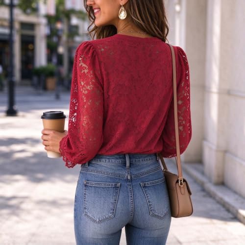 Women Floral Lace Dressy Shirt Button Down Fall Trendy Long Sleeve Top - image 3