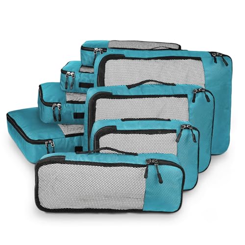 Image of FATMUG Packing Cubes Travel Pouch Bag Organiser Set of 8 (2 x Large-Medium-Small-Slim) - Sky Blue Polyester