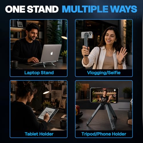 Image of Amkette Ergo Fold Pro 4 in 1 Laptop Stand Metal for Phone, Tablet & Laptop, 8 Level Foldable Aluminium Laptop Stand with MagSafe Mount, 180 Rotating Design, Adjustable Viewing, Anti Slip Grip Black