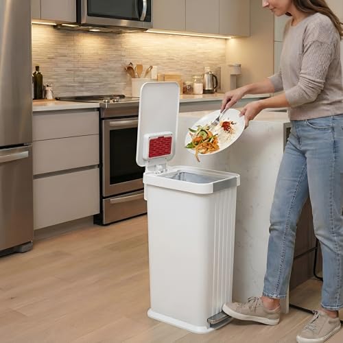 Image of iTouchless SoftStep 50 L / 13.2 Gallon Slim Step Pedal Kitchen Trash Can with Odor Filter, Indoor Recycling Bin Durable Dent-Proof, Stainless Steel Trim Garbage Bin with Lid, Home Office White Plastic