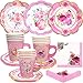 WorldBazaar Tea Party Disposable Tableware Set Tea Party Supplies 12 Sets Pink Floral Paper Tea Cups and Saucers Plates Napkins Tablecloth Pink Birthday Table Decorations Women Girls Adults