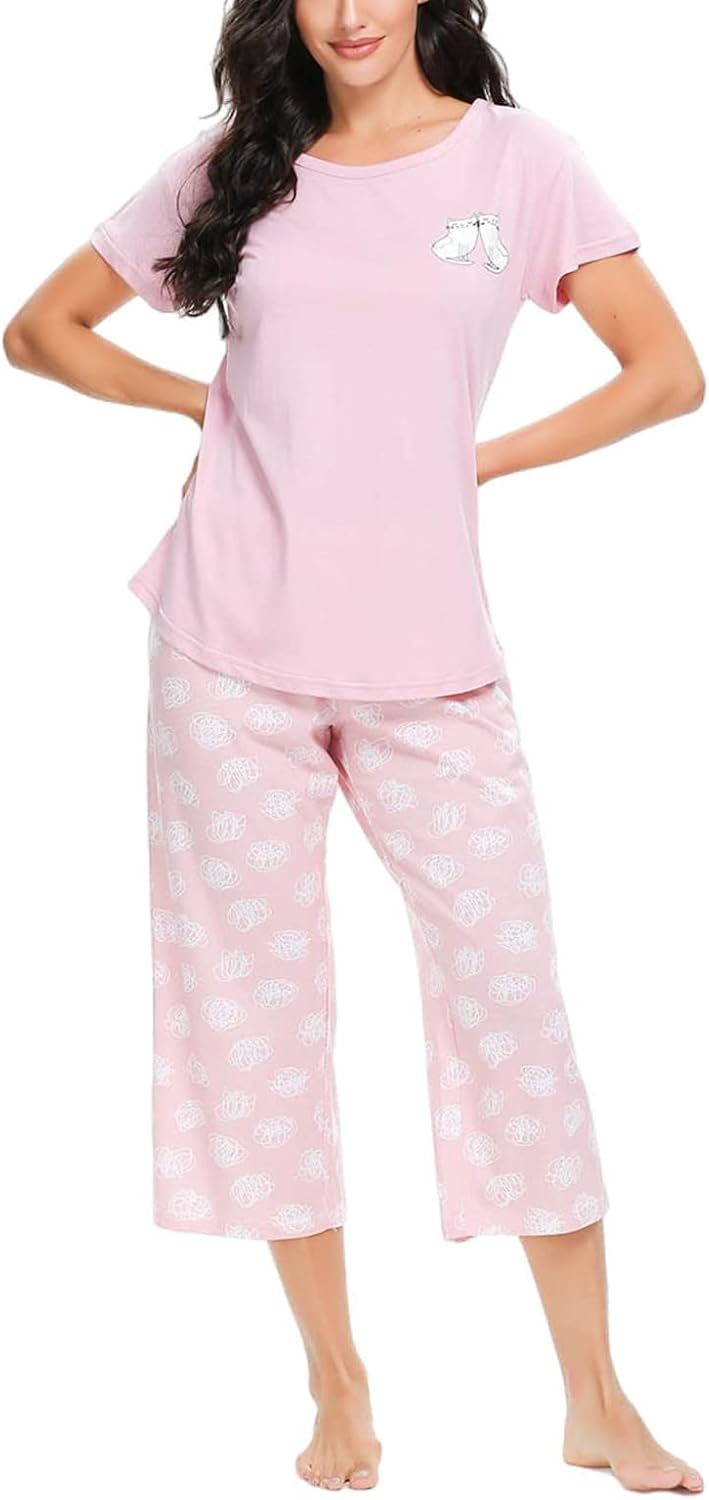 Tugege Womens Pajama Sets Short Sleeve Sleepwear Tops with Capri Pants Fun Printed 2 Piece Lounge Pjs Set - Image 3