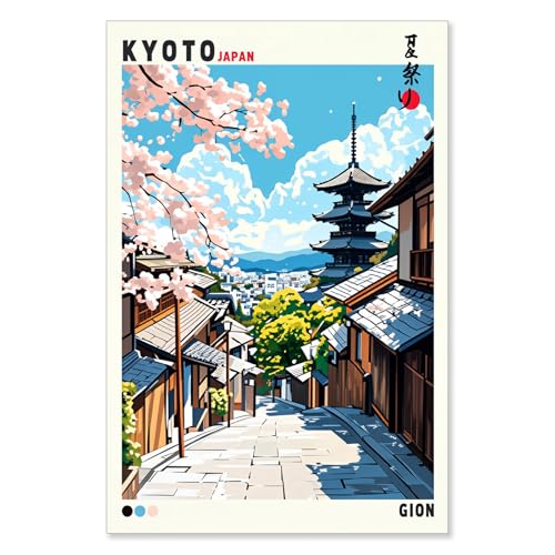 Vintage Kyoto Gion Spring Cherry Blossom Poster Traditional Japanese City Canvas Wall Art Tokyo Kyoto Osaka Prints Painting For Home Bedroom Dorm Wall Decor 12x16in Unframed